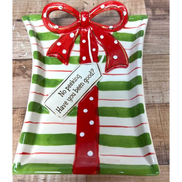 Cracker Barrel Ceramic Mingle & Jingle Holiday Striped Bow Dish - Picture 1 of 5